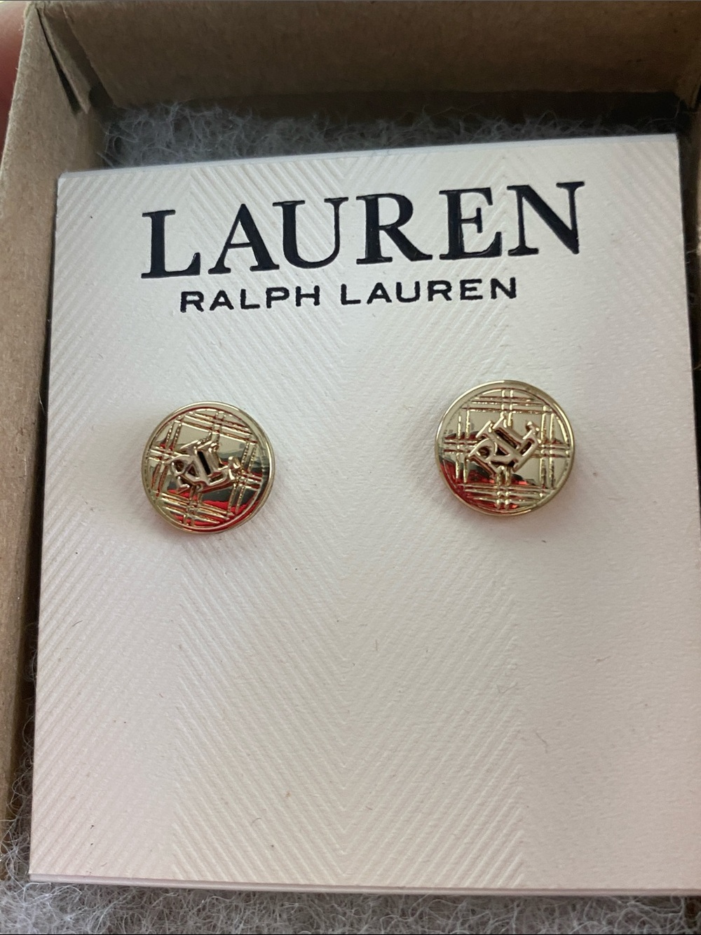 Lauren Ralph Lauren Textured Gold Logo Disc Stud Earrings NWOT